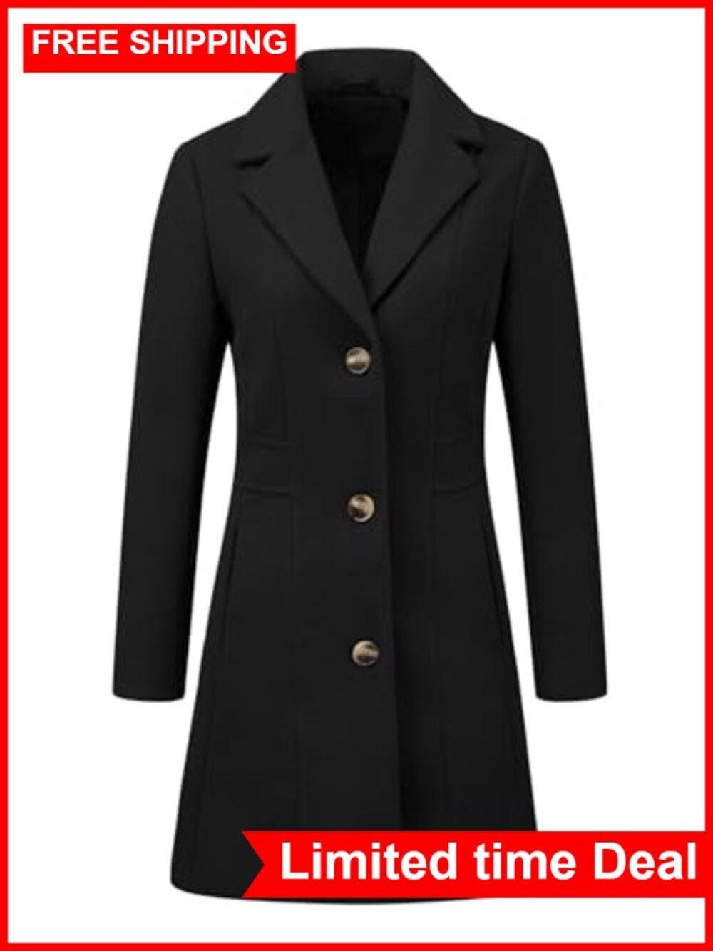 Women Winter Pea Coat Single Breasted Long Overcoat Notch Lapel
